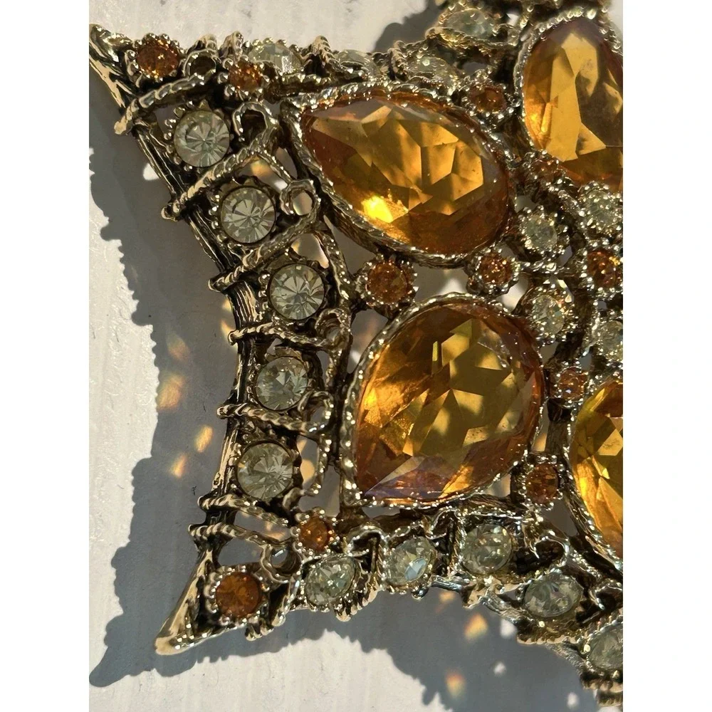 VTG KJL Kenneth J. Lane Orion Star Book Piece Gold Topaz Rhinestone Glass Brooch